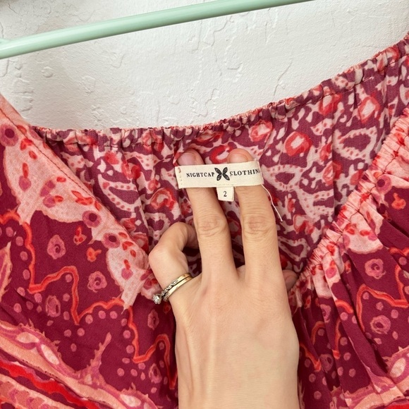 Nightcap Clothing Samba Gown Sunrise Print Red Pink Smocked Waist Tassel Size 2 - Picture 6 of 12